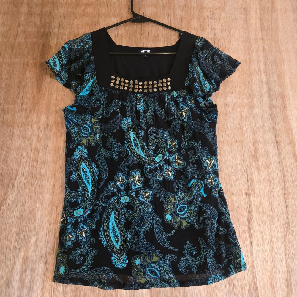 Boho Womens Black Blue Paisley Studded Square Neck Flutter Sleeve Blouse L